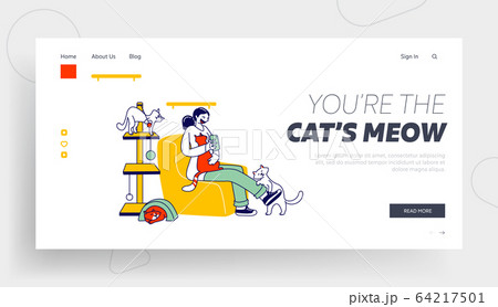 Modern Cat Cafe Landing Page Template. Woman Playing with Cats and Making Pictures on Smartphone Modern Cat Cafe Landing Page Template. Woman Playing with Cats and Making Pictures on Smartphone 64217501