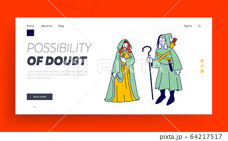 Medieval Fairy Tale Characters Website Landing Page. Man and Woman Wearing Dress with Hood on Head 64217517