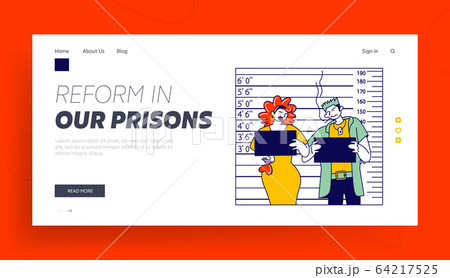 Criminal Characters Mug Shot in Police Station Landing Page Template. Prostitute with Drug Dealer at Height Scale 64217525