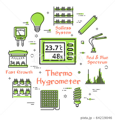 Vector concept of hydroponic and growth led light - thermo hygrometer Vector concept of hydroponic and growth led light - thermo hygrometer 64219046