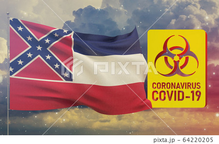 COVID-19 Visual concept - Coronavirus COVID-19 biohazard sign with flags of the states of USA. State of Mississippi flag. Pandemic stop Novel Coronavirus outbreak covid-19 3D illustration. 64220205