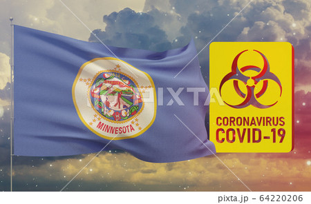 COVID-19 Visual concept - Coronavirus COVID-19 biohazard sign with flags of the states of USA. State of Minnesota flag. Pandemic stop Novel Coronavirus outbreak covid-19 3D illustration. 64220206
