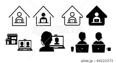 テレワーク在宅勤務リモートアイコンセットイラスト白黒 テレワーク在宅勤務リモートアイコンセットイラスト白黒 64222373