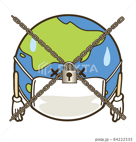 ロックダウンのイメージイラスト　地球　マスク 64222535