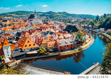 Cesky Krumlov cityscape and Vltava river in Czech Cesky Krumlov cityscape and Vltava river in Czech 64223870