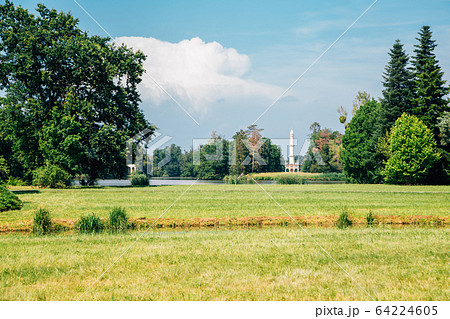 Castle Lednice garden lake and Minaret at summer in Lednice, Czech Republic 64224605