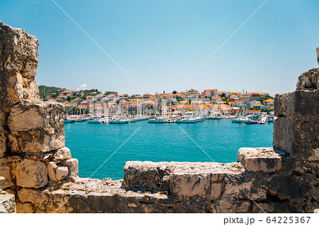 Adriatic sea and harbor view from Kamerlengo castle and fortress in Trogir, Croatia 64225367