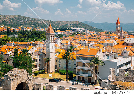 Historic town Trogir panorama view from Kamerlengo castle and fortress in Trogir, Croatia Historic town Trogir panorama view from Kamerlengo castle and fortress in Trogir, Croatia 64225375