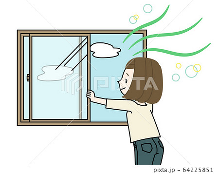 窓を開けて換気をする女性 64225851