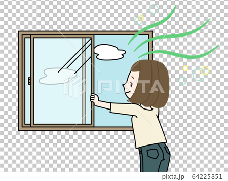 窓を開けて換気をする女性 64225851