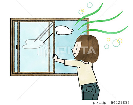 窓を開けて換気をする女性-水彩 64225852