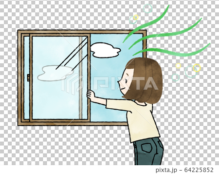窓を開けて換気をする女性-水彩 64225852