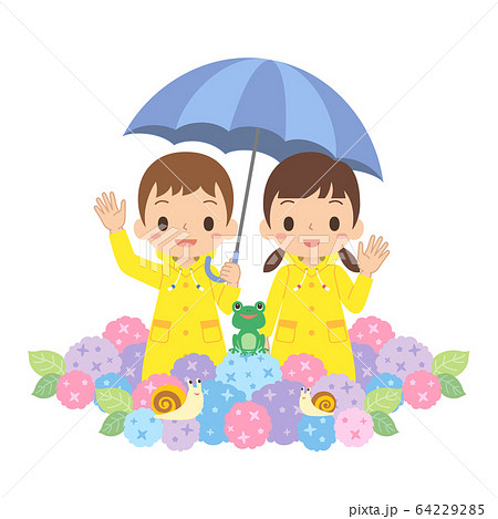 梅雨 傘を指した子ども アジサイ カエル カタツムリ 梅雨 傘を指した子ども アジサイ カエル カタツムリ 64229285