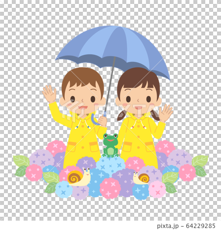 梅雨 傘を指した子ども アジサイ カエル カタツムリ 梅雨 傘を指した子ども アジサイ カエル カタツムリ 64229285