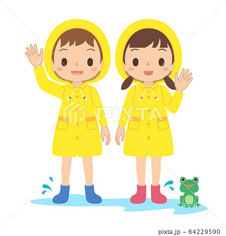 梅雨　レインコートを着た子ども　カエル　水たまり　全身 64229590