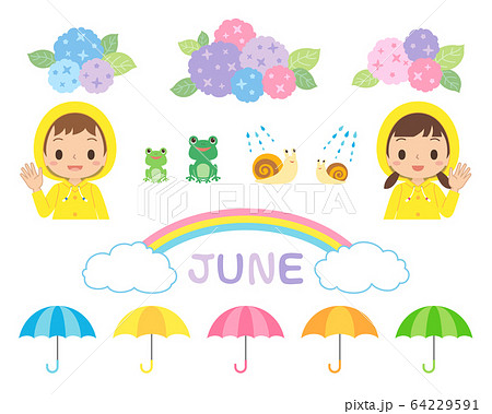 素材　6月　梅雨　レインコートを着た子ども　アジサイ　カタツムリ　カエル 64229591