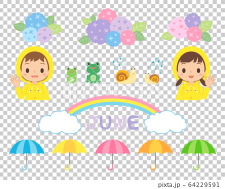材料 6月 雨季 穿著雨衣的孩子 繡球花 蝸牛 青蛙 插圖素材 圖庫