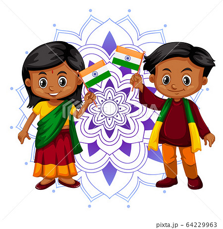 Mandala pattern design with two happy Indian kids Mandala pattern design with two happy Indian kids 64229963