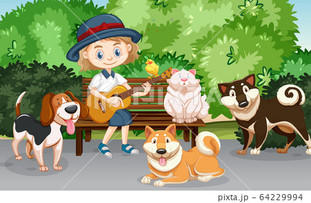 Scene with cute girl playing guitar and many pets 64229994