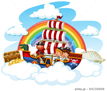 Scene with pirate and happy children on viking 64230009