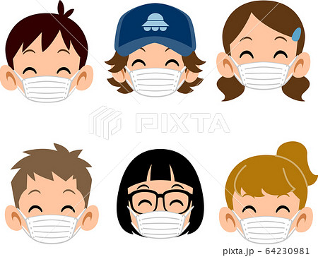 マスクをつけた6種類の子どもたちの笑顔のイラスト素材
