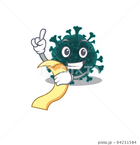 cartoon character of coronavirus COVID 19 holding menu ready to serve 64231584