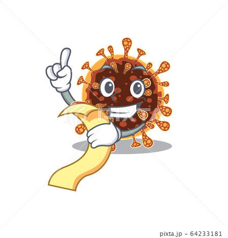cartoon character of gamma coronavirus holding menu ready to serve 64233181