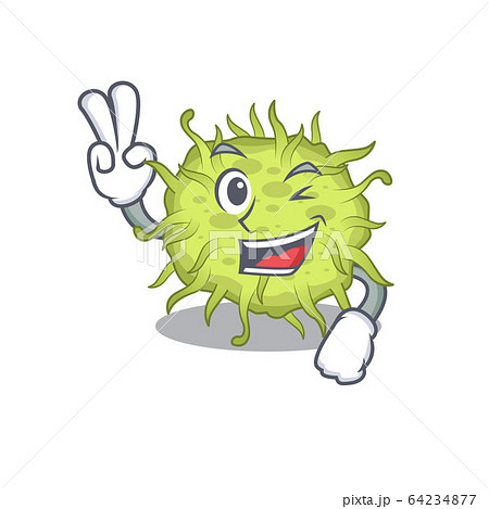 Happy bacteria coccus cartoon design concept with two fingers Happy bacteria coccus cartoon design concept with two fingers 64234877