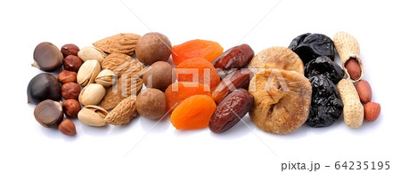 Dried fruits and nuts isolated on white backgrounds. 64235195
