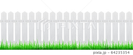 Long white wooden fence with green grass isolated on white background. Long white wooden fence with green grass isolated on white background. 64235354