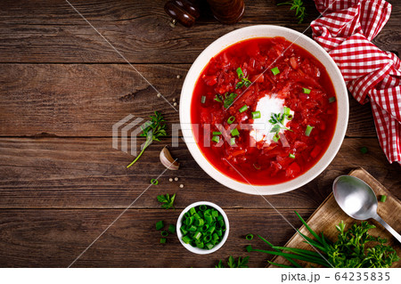 Traditional ukrainian borscht, vegetable soup with Traditional ukrainian borscht, vegetable soup with 64235835