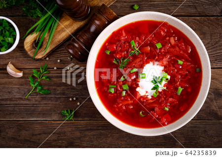 Traditional ukrainian borscht, vegetable soup with Traditional ukrainian borscht, vegetable soup with 64235839