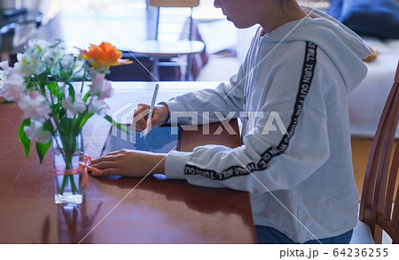 自宅学習　タブレット　小学生　中学生　web学習　5G　遠隔授業　ペンタブ　リビング　人物　日本人 64236255