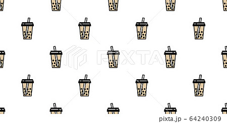 Boba tea seamless pattern vector bubble milk tea scarf isolated tile background repeat wallpaper doodle illustration brown design 64240309