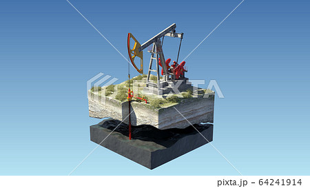 Oil pump jack at a drill site in a desert with oil barrels and refinery tanks on a floating island. 3d illustration. Perfect for explainer or infographic. 64241914