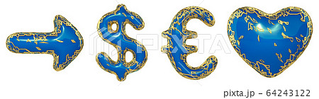 Symbol collection arrow, dollar, euro, heart made of golden shining metallic. Collection of gold shining metallic with blue paint symbol isolated on white background. 3d Symbol collection arrow, dollar, euro, heart made of golden shining metallic. Collection of gold shining metallic with blue paint symbol isolated on white background. 3d 64243122