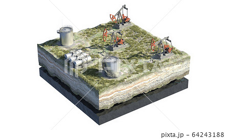 Oil pump jack at a drill site in a desert with oil barrels and refinery tanks on a floating island. 3d illustration. Perfect for explainer or infographic. Oil pump jack at a drill site in a desert with oil barrels and refinery tanks on a floating island. 3d illustration. Perfect for explainer or infographic. 64243188
