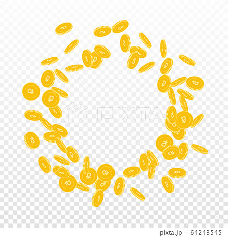 Russian ruble coins falling. Scattered small RUB c Russian ruble coins falling. Scattered small RUB c 64243545