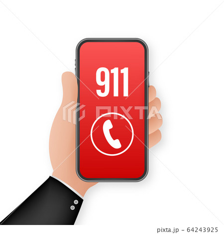 911 smartphone in flat style. Call icon vector. Hand holding smartphone. First aid. Finger touch screen. Vector stock illustration 64243925