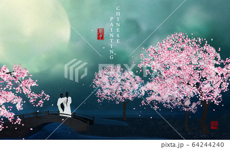 Chinese ink painting art background elegant landscape view of lovers enjoying the moon and flower tree on a bridge at night. Chinese translation 64244240