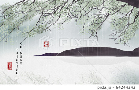 Chinese ink painting art background plant elegant landscape view of tree branch by the river in a rainning day. Chinese translation 64244242