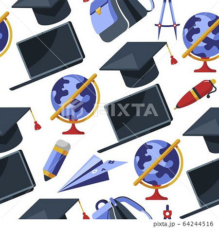 Graduation hat, pen and laptop with globe seamless pattern Graduation hat, pen and laptop with globe seamless pattern 64244516