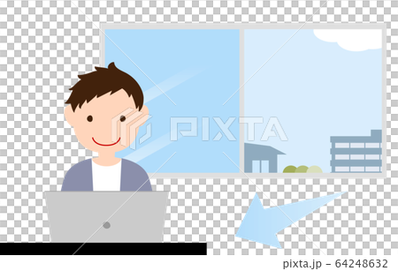 部屋の換気をしながらパソコンを触る人のイラストのイラスト素材 64248632 Pixta