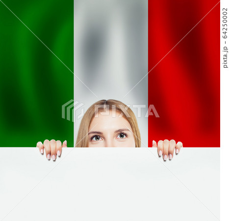 Love Italy concept. Happy woman with white banner Love Italy concept. Happy woman with white banner 64250002