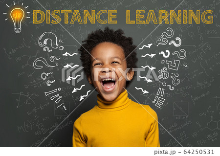 Distance education. Black child student with idea Distance education. Black child student with idea 64250531