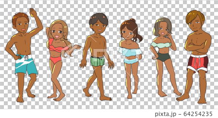 日焼けした水着のカップル オフショルダーとサーフ のイラスト素材