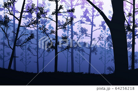 Natural forest mountains horizon hills silhouettes of trees. Evening Sunrise and sunset. Landscape wallpaper. Illustration vector style. Colorful view background. 64256218