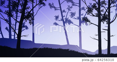 Natural forest mountains horizon hills silhouettes of trees. Evening Sunrise and sunset. Landscape wallpaper. Illustration vector style. Colorful view background. 64256310
