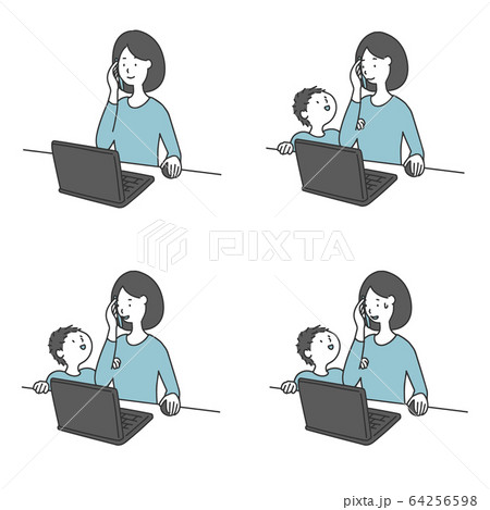 在宅勤務をする子育て中の女性のセット 64256598