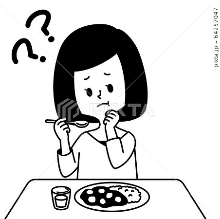 食事をしながら首をかしげる女性 白黒のイラスト素材
